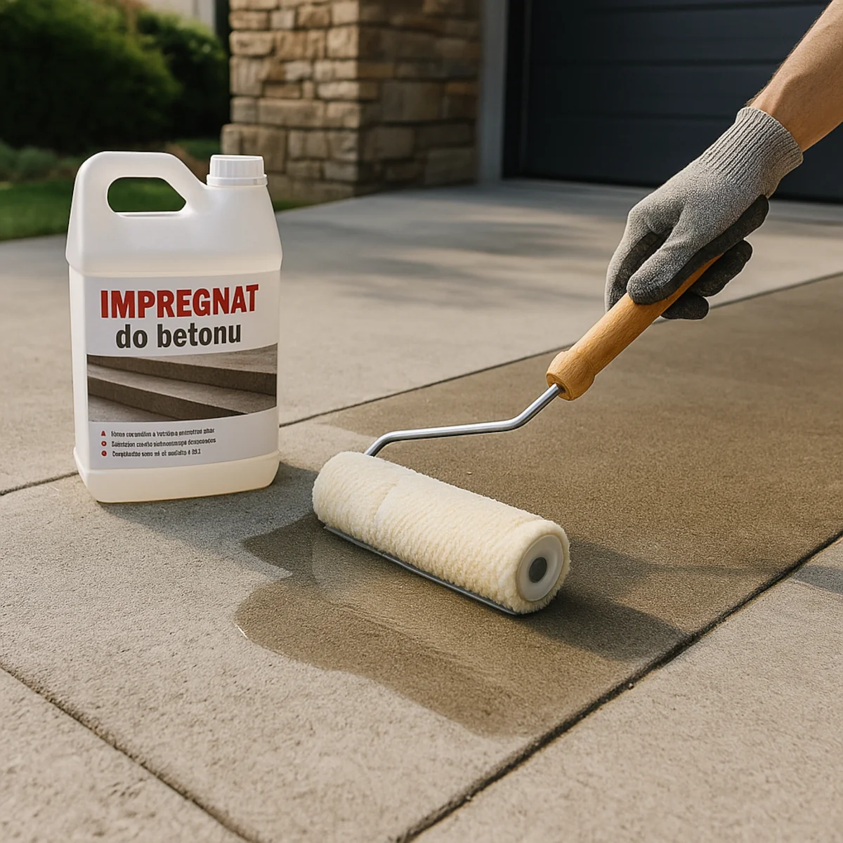 Nakładanie impregnatu do betonu wałkiem na podjeździe przed domem