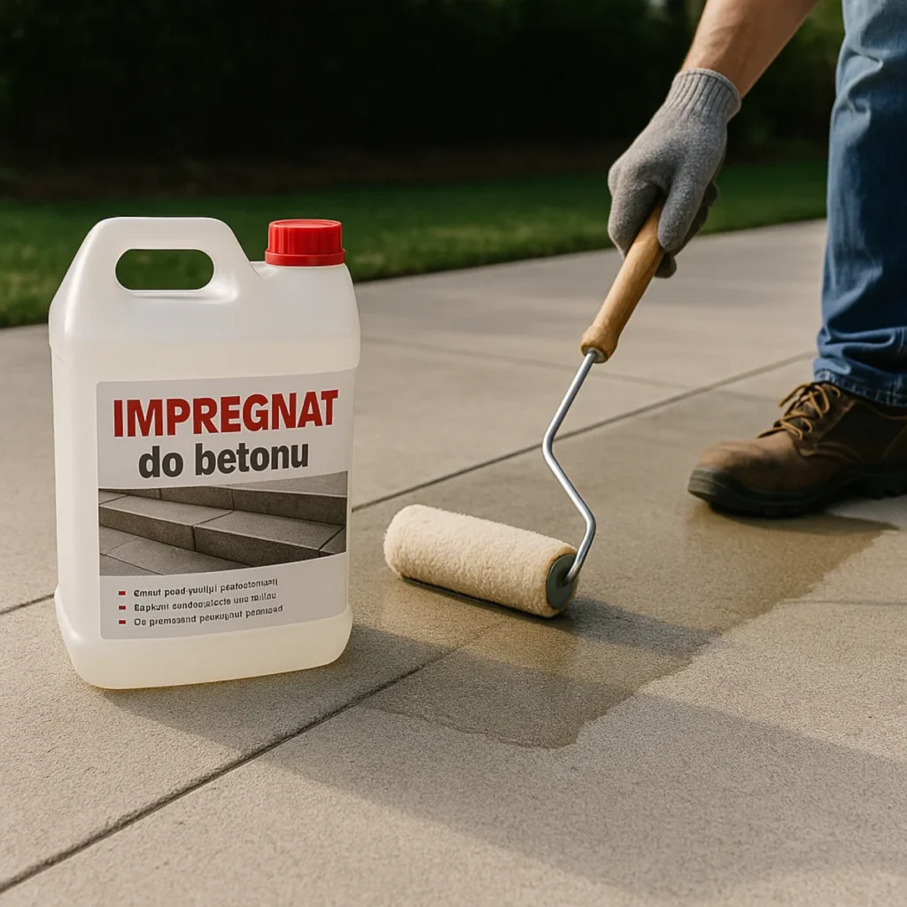 Impregnacja betonu na zewnętrznej nawierzchni za pomocą wałka i kanistra z impregnatem