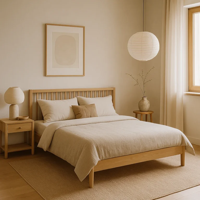 Sypialnia w styl japandi z drewnianym łóżkiem, lnianą pościelą i papierową lampą