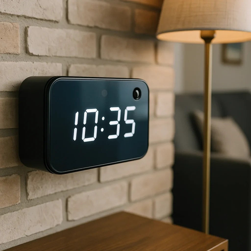 Ukryta kamera z czujnikiem ruchu w cyfrowym zegarze na ścianie salonu