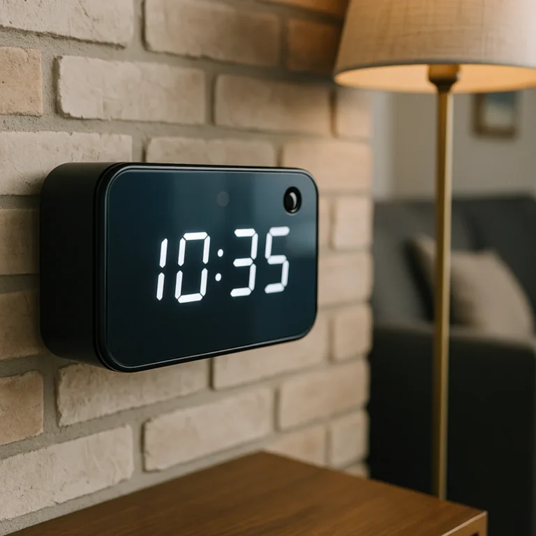 Ukryta kamera z czujnikiem ruchu w cyfrowym zegarze na ścianie salonu