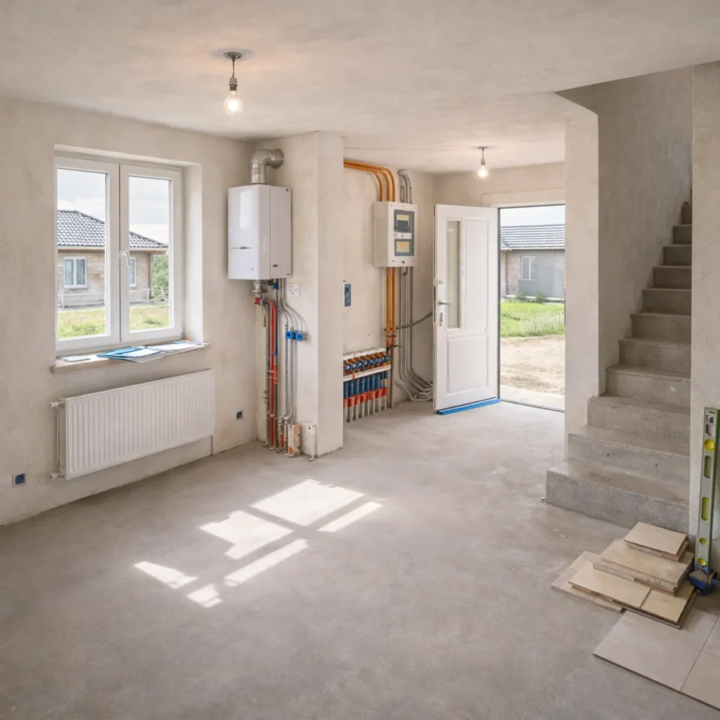 Wnętrze domu w stanie deweloperskim z tynkami i posadzką, widoczne instalacje, rozdzielnia i schody w trakcie wykończenia