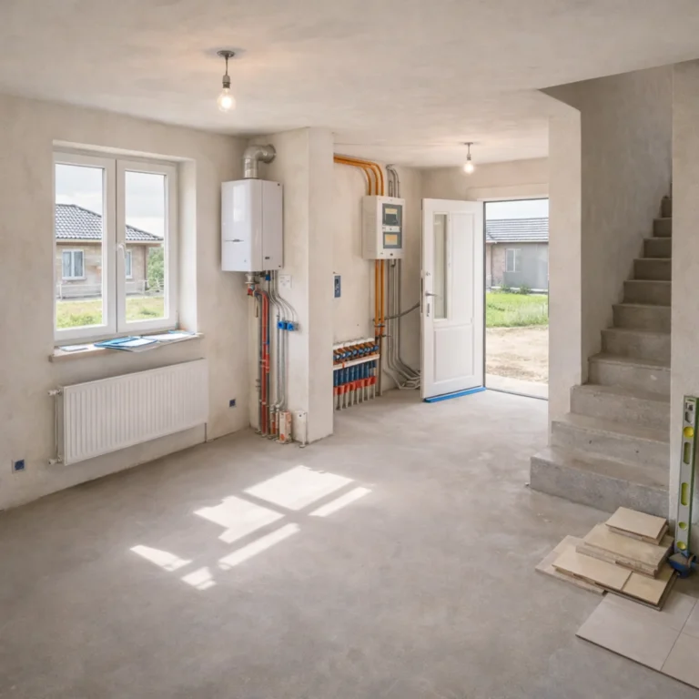 Wnętrze domu w stanie deweloperskim z tynkami i posadzką, widoczne instalacje, rozdzielnia i schody w trakcie wykończenia