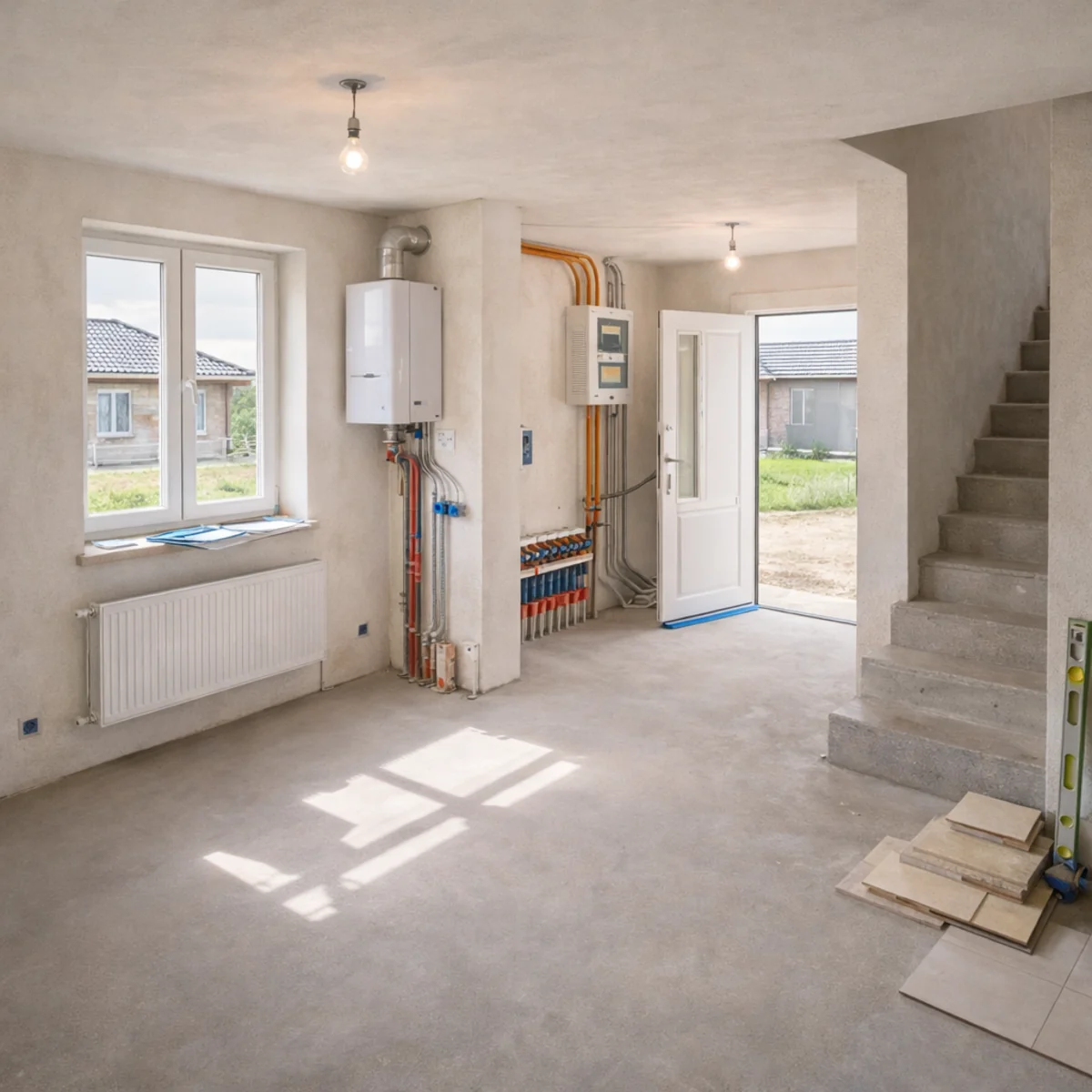 Wnętrze domu w stanie deweloperskim z tynkami i posadzką, widoczne instalacje, rozdzielnia i schody w trakcie wykończenia