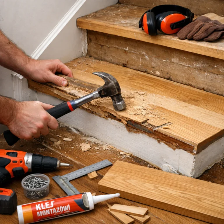 Wymiana trepów schodowych – demontaż starego drewnianego stopnia przy użyciu młotka i łomu