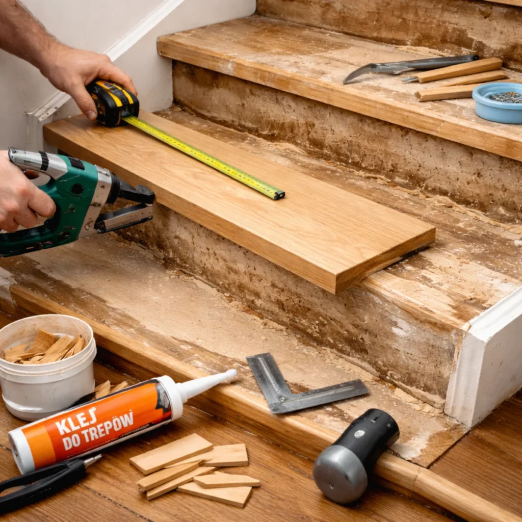 Wymiana trepów schodowych – dopasowanie i montaż nowego drewnianego trepa z pomiarem taśmą