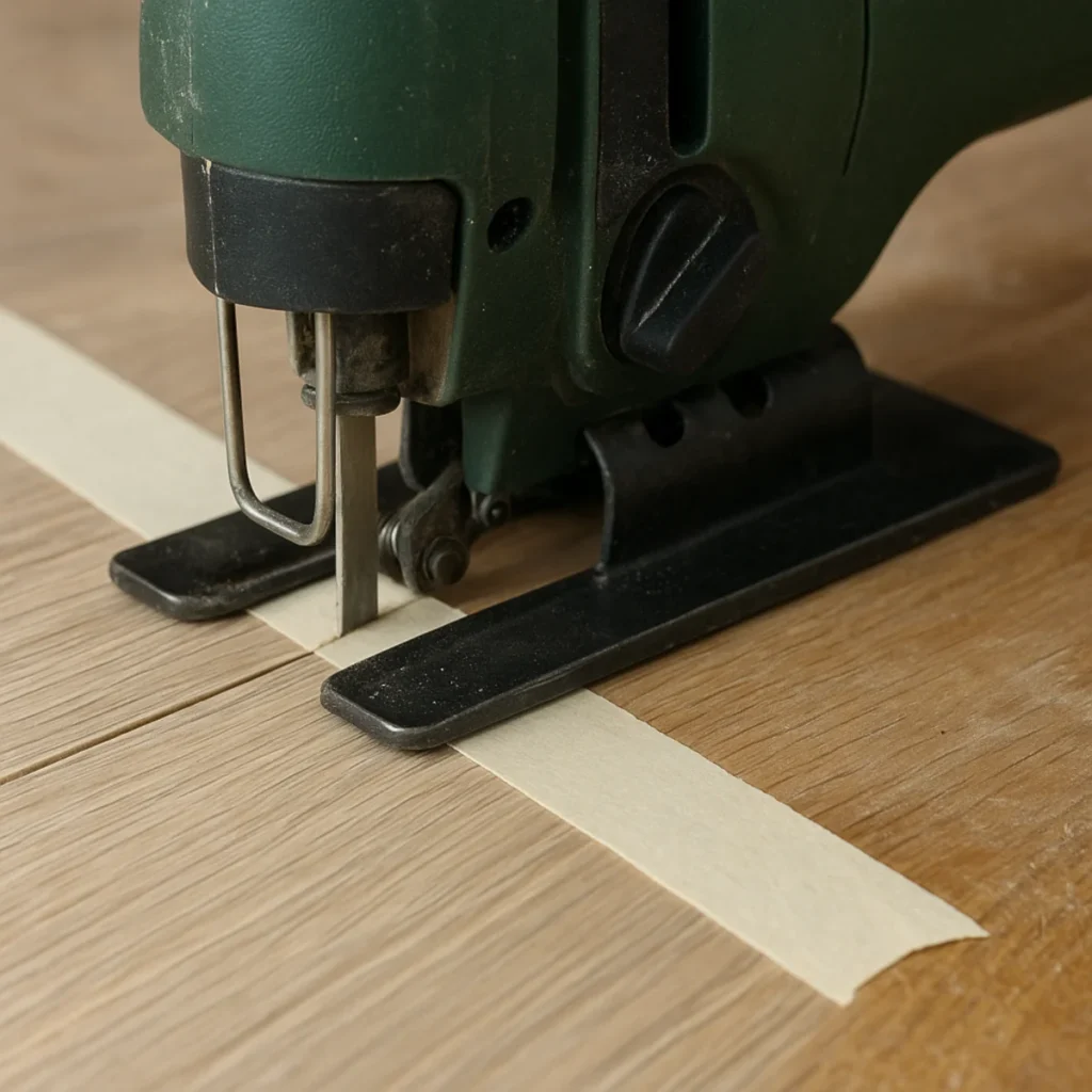 Wyrzynarka do paneli tnie panel laminowany po taśmie malarskiej, widoczna linia cięcia bez wyszczerbień