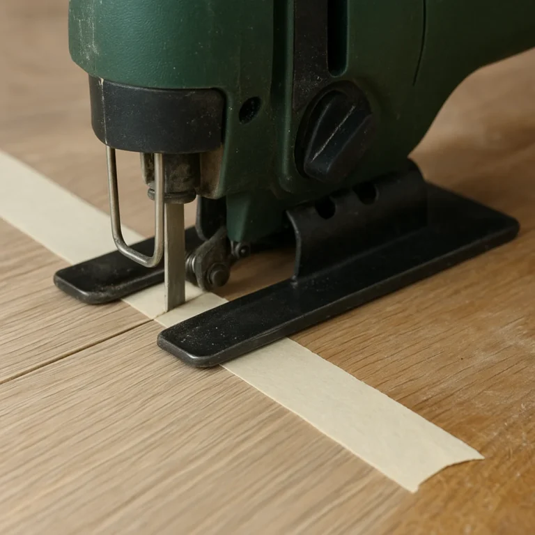 Wyrzynarka do paneli tnie panel laminowany po taśmie malarskiej, widoczna linia cięcia bez wyszczerbień