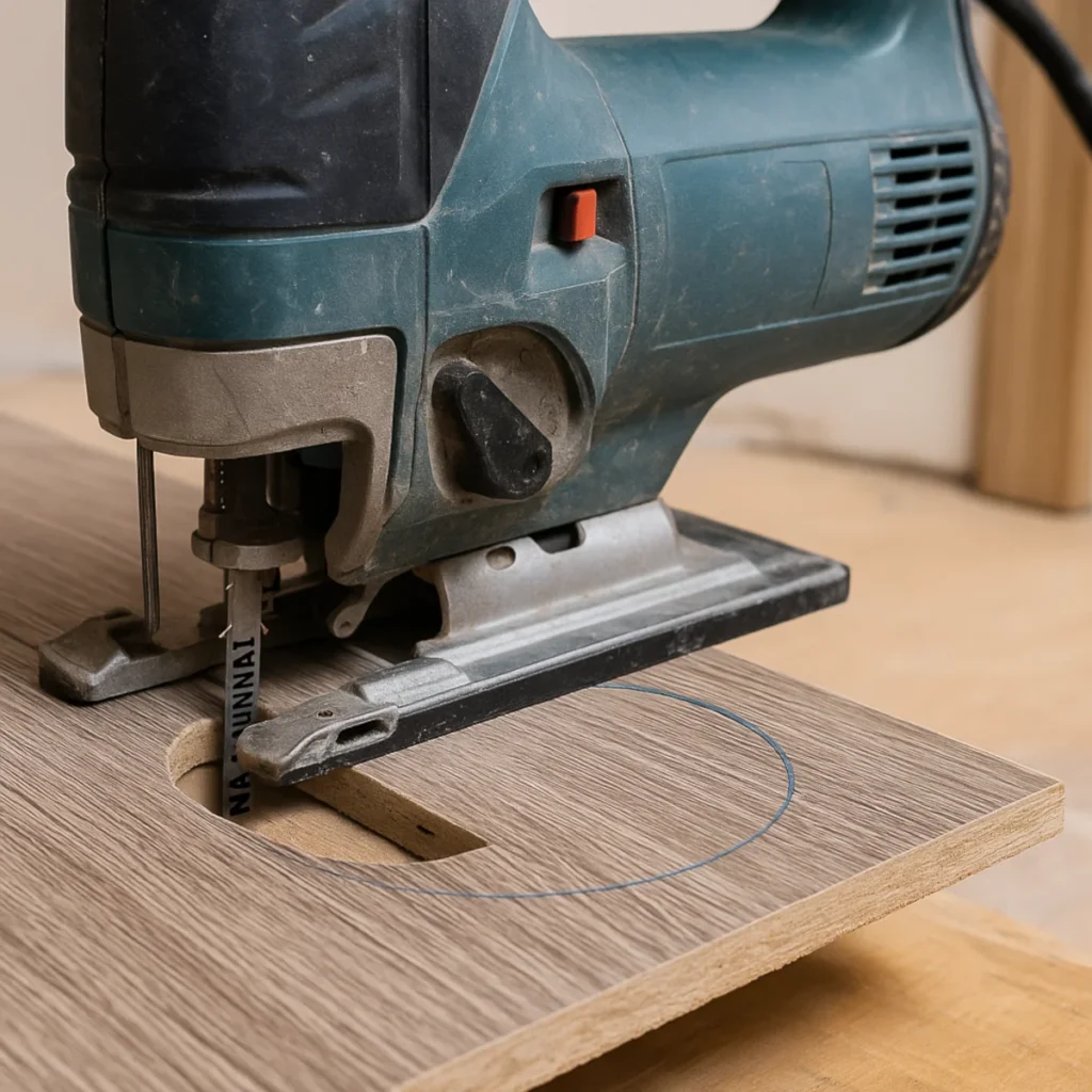 Wyrzynarka do paneli wycina półokrąg pod rurę w panelu laminowanym, precyzyjne cięcie bez wyszczerbień