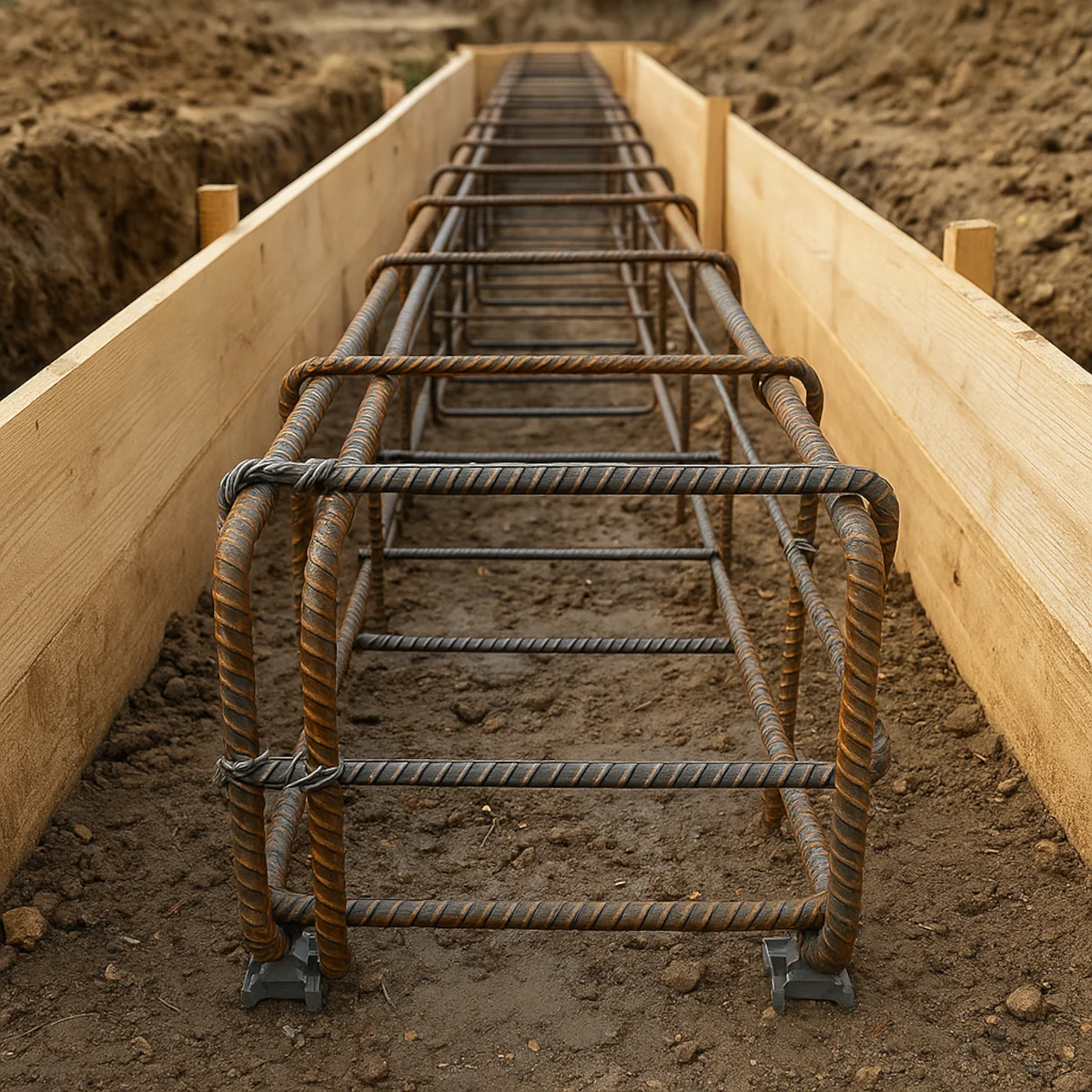 Zbrojenie ławy fundamentowej w szalunku – rozstaw prętów i strzemion przed betonowaniem