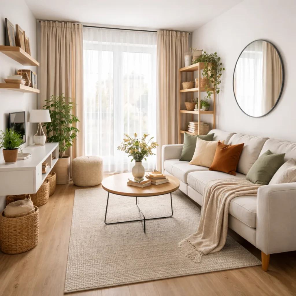 Aranżacja małego salonu z beżową sofą, regałem i naturalnym światłem z dużego okna