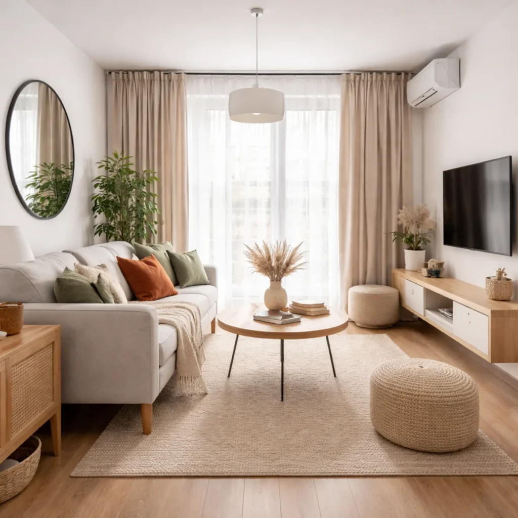 Aranżacja małego salonu w jasnych kolorach z okrągłym lustrem, sofą i stolikiem kawowym