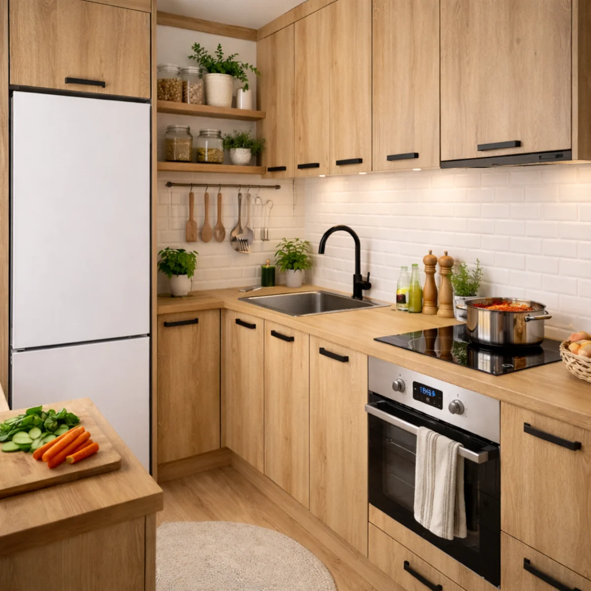 Kuchnia w kształcie L z drewnianymi frontami, białą lodówką i białymi płytkami metro, czarna bateria nad zlewem - metamorfoza małej kuchni.