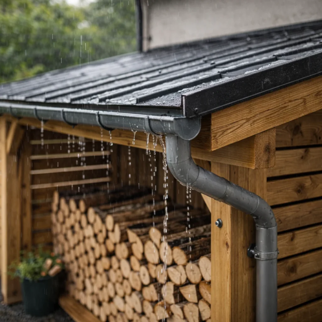 Zbliżenie na dach wiaty na drewno – okap, rynna i spust podczas deszczu, woda spływa po pokryciu