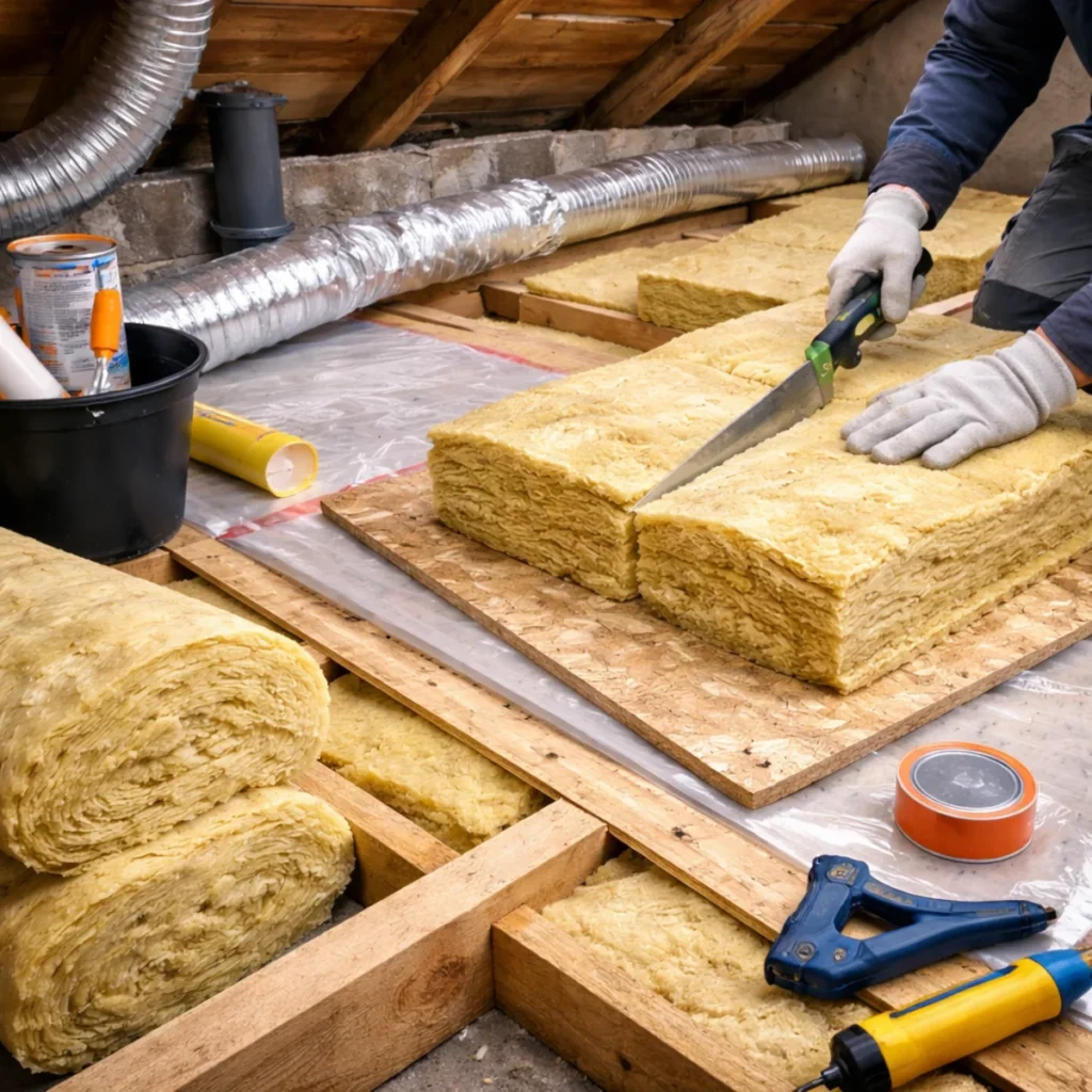Docinanie wełny mineralnej podczas ocieplania stropodachu krok po kroku