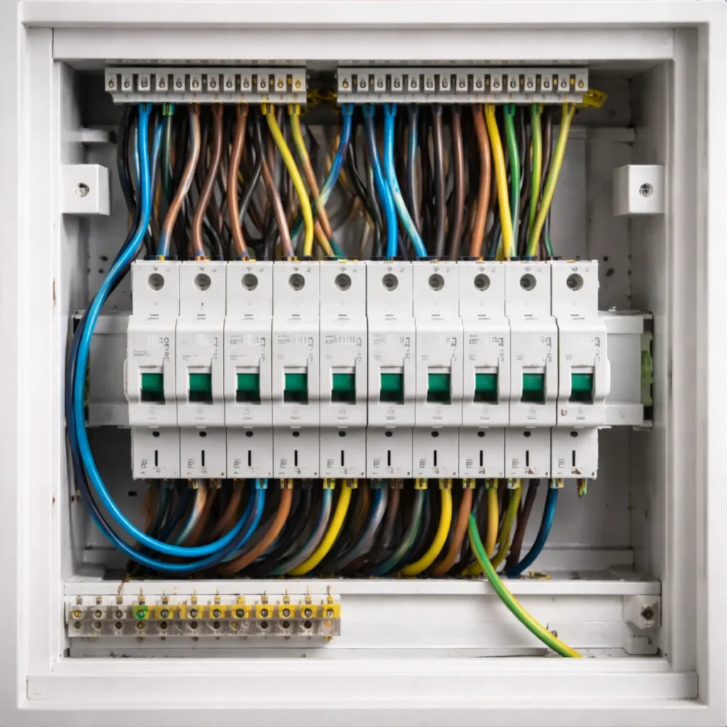 Prosta domowa rozdzielnica elektryczna z bezpiecznikami, przewody fazowe neutralne i ochronne w skrzynce