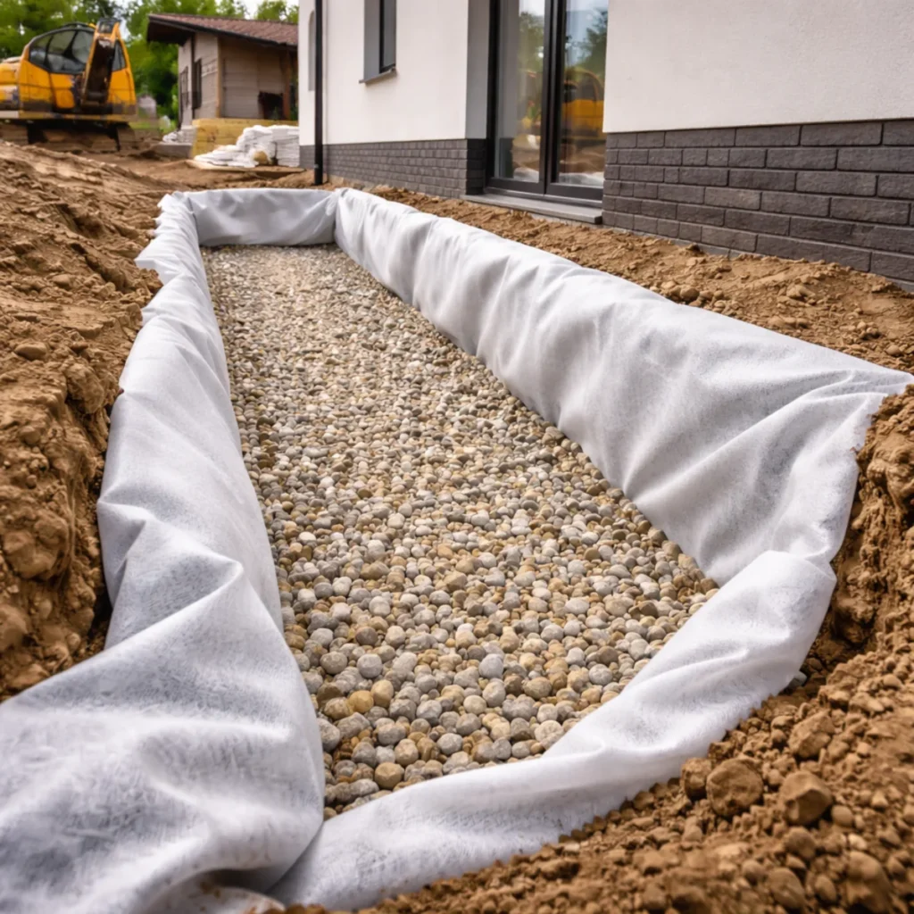 Długi rów pod drenaż przed domem na całej szerokości budynku, geowłóknina i żwir
