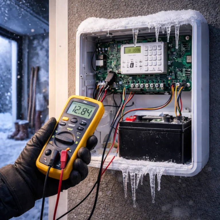 Pomiar napięcia akumulatora 12 V w centrali alarmowej zimą. Multimetr pokazuje 12,84 V.