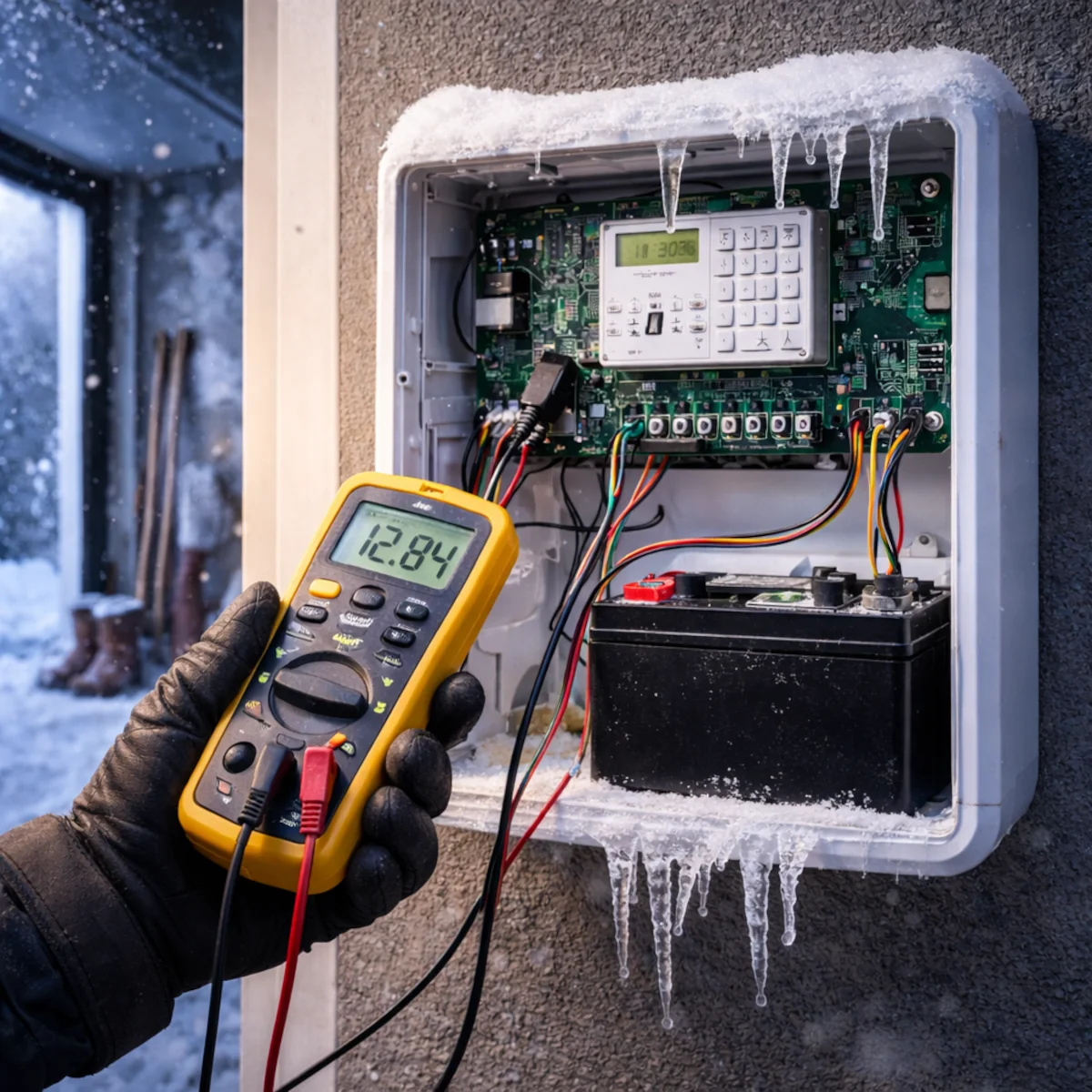 Pomiar napięcia akumulatora 12 V w centrali alarmowej zimą. Multimetr pokazuje 12,84 V.