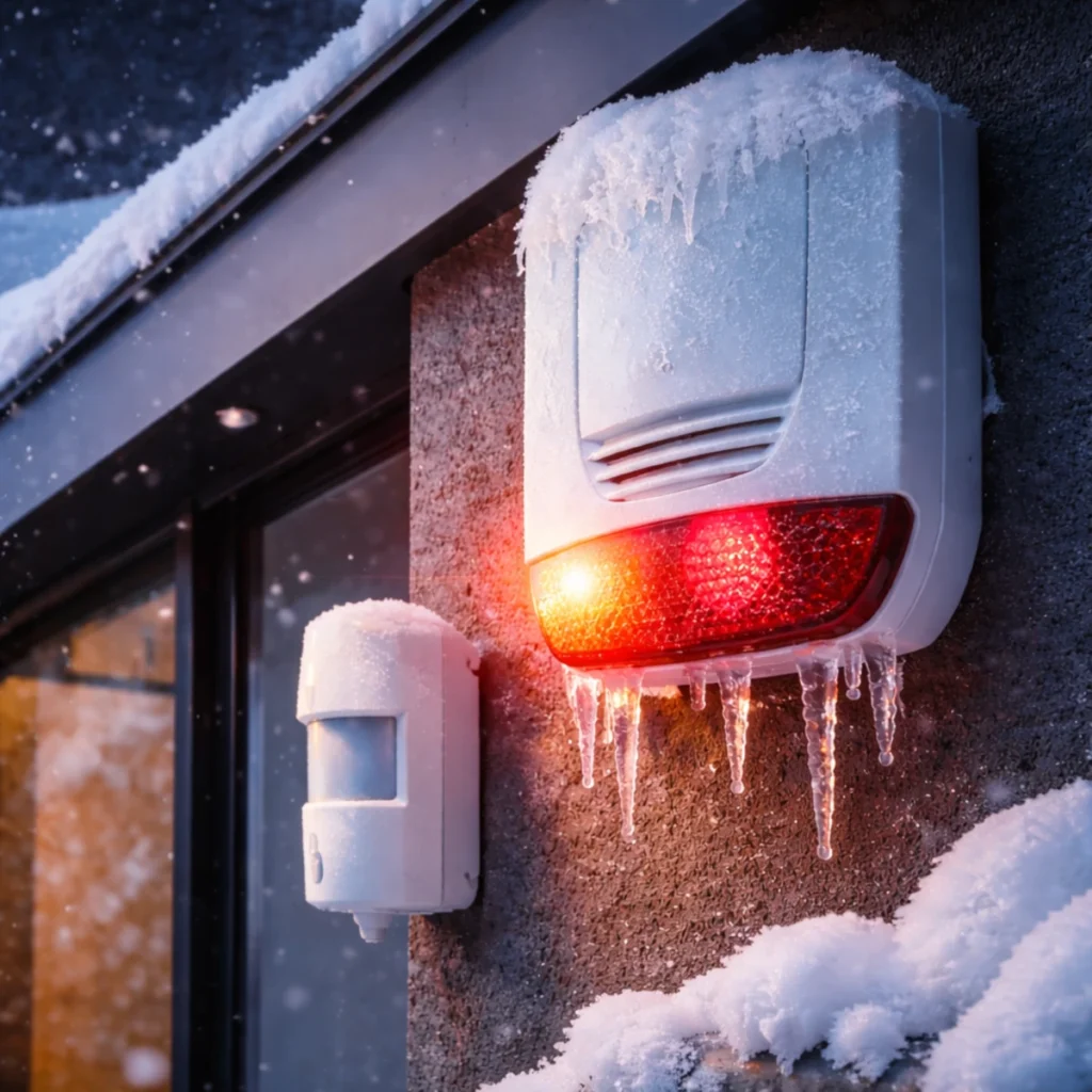 Zamarznięta syrena alarmowa i czujka ruchu na elewacji nowoczesnego domu. Scena pokazuje, skąd biorą się fałszywe alarmy zimą.