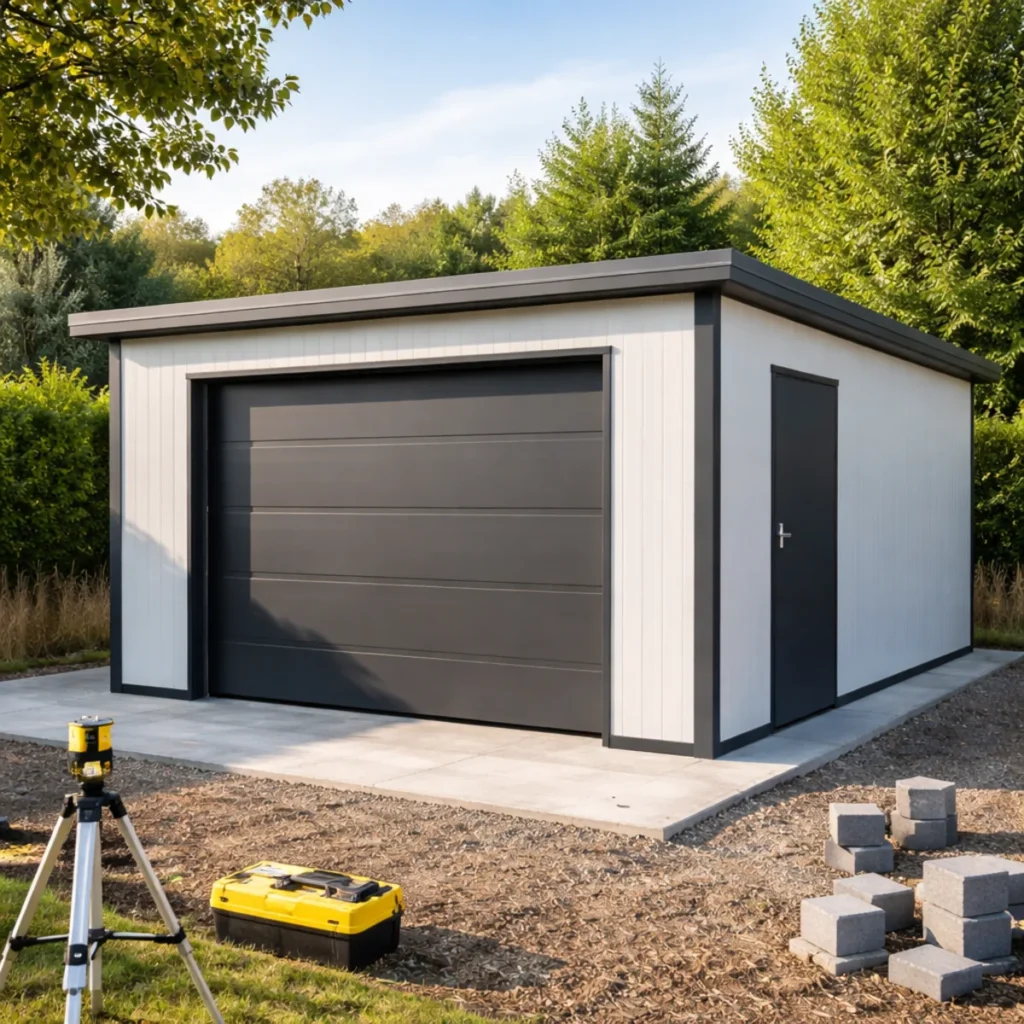 Garaż z płyty warstwowej na płycie betonowej z bramą segmentową