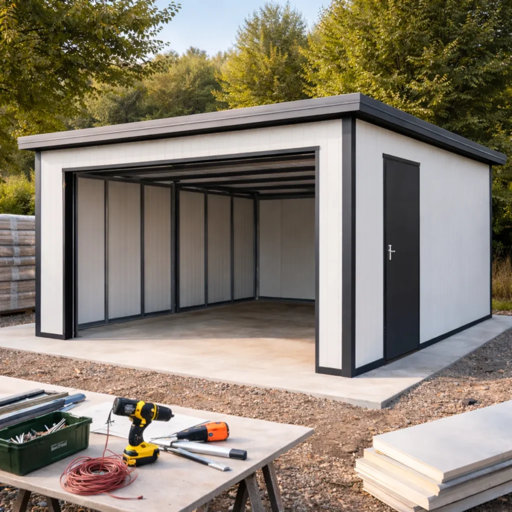 Garaż z płyty warstwowej w trakcie montażu na płycie betonowej