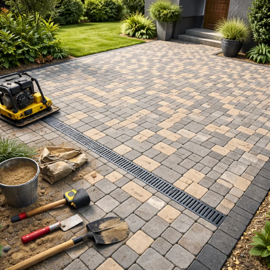 Gotowa nawierzchnia z kostki brukowej na podjeździe po prawidłowym przygotowaniu podłoża i spadków