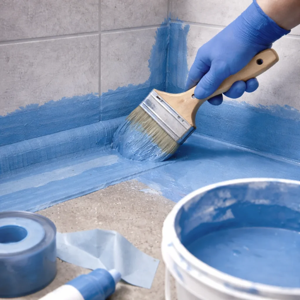 Hydroizolacja pod płytki w łazience – nakładanie folii w płynie pędzlem i wklejanie taśmy w narożniku