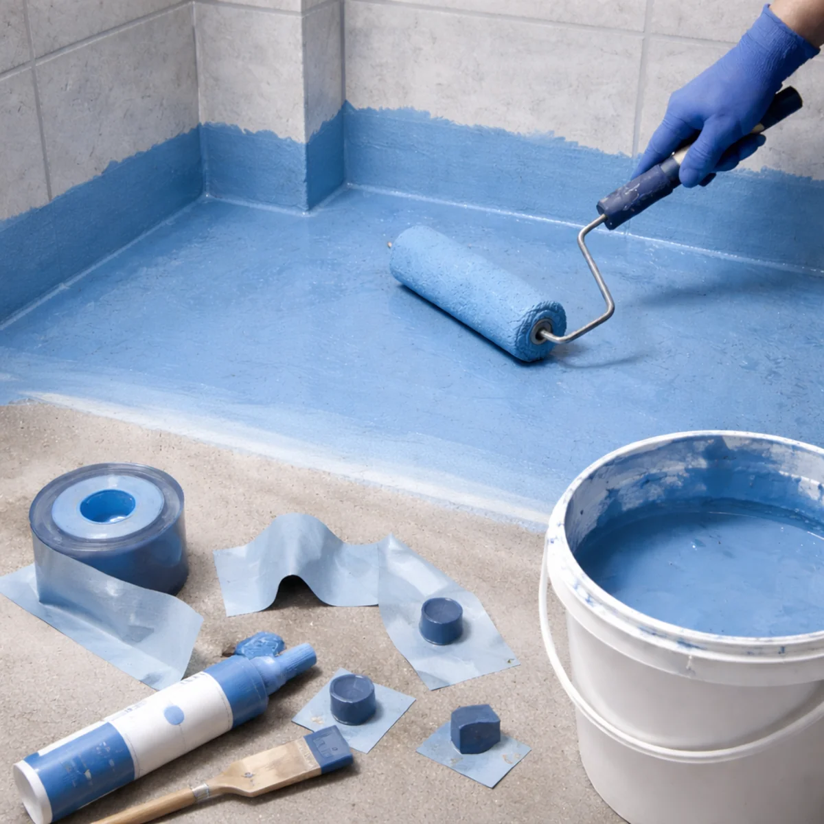 Hydroizolacja pod płytki w łazience – nakładanie folii w płynie wałkiem na podłodze i ścianach