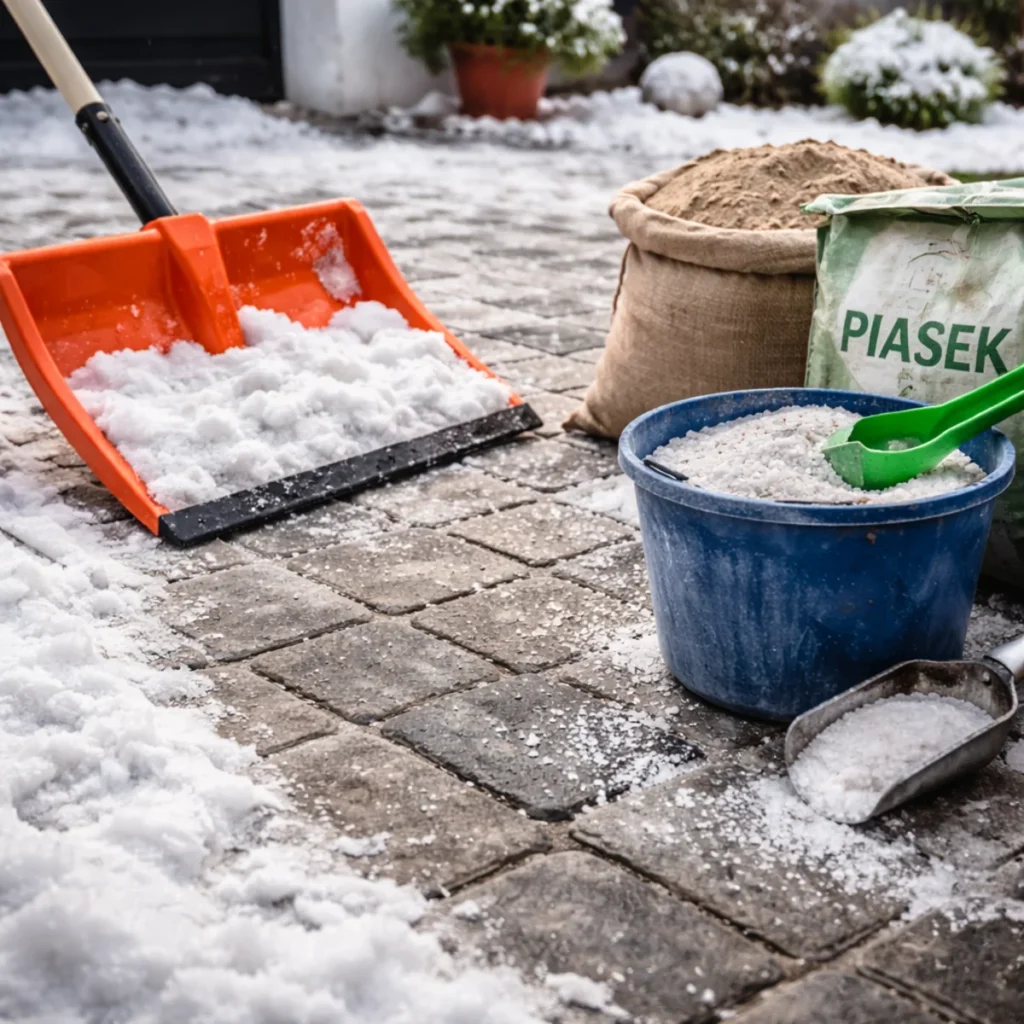 Jak skutecznie zabezpieczyć kostkę przed mrozem – odśnieżanie podjazdu i posypywanie piaskiem oraz solą