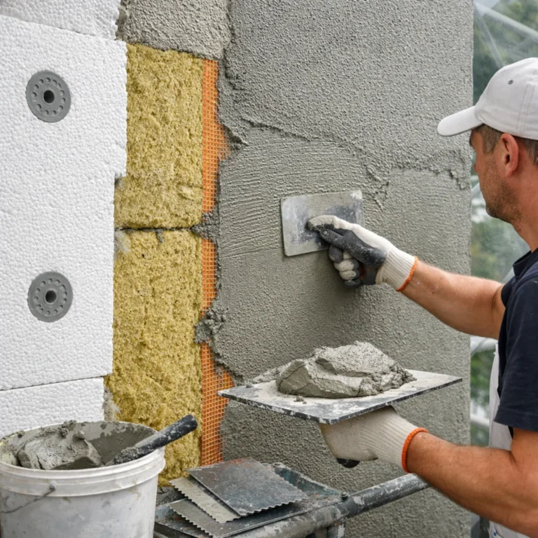 Nakładanie tynku na elewację na ociepleniu ze styropianu i wełny mineralnej – widoczna siatka i masa.