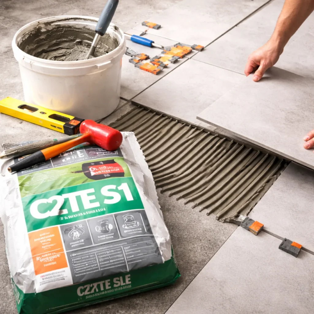 Nakładanie kleju do płytek C2TE S1 pacą zębatą i układanie dużych płytek gresowych