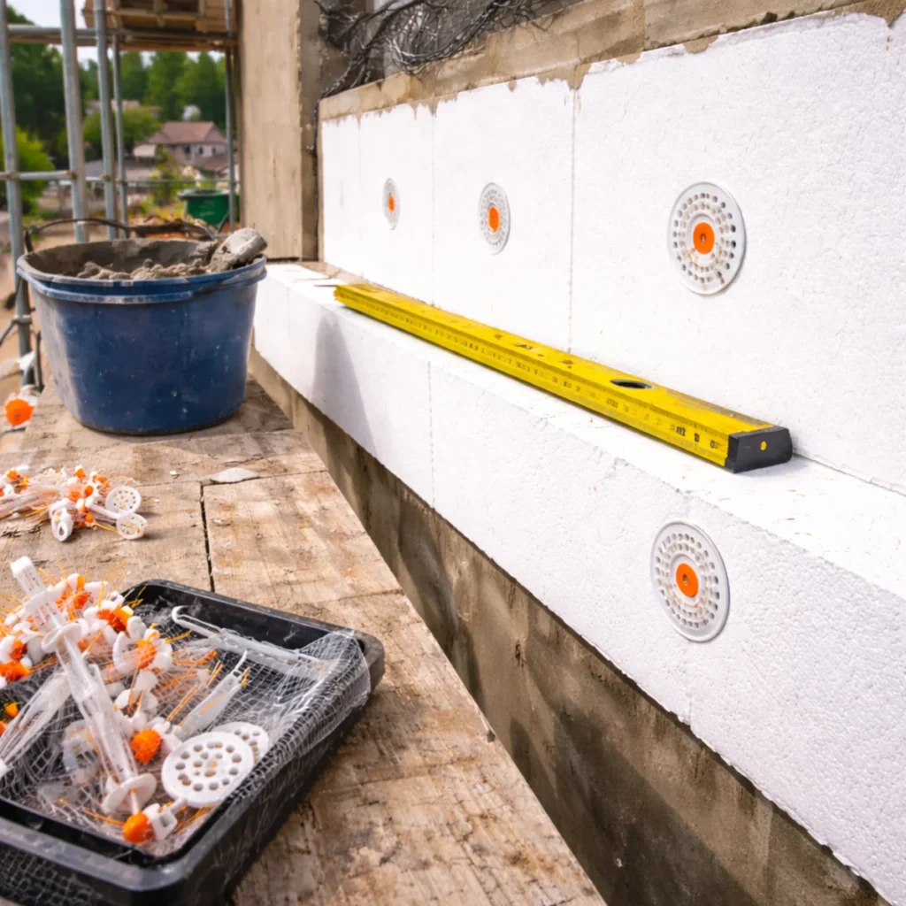 Kołkowanie styropianu na elewacji – poziomnica, kołki talerzykowe i płyty EPS na rusztowaniu