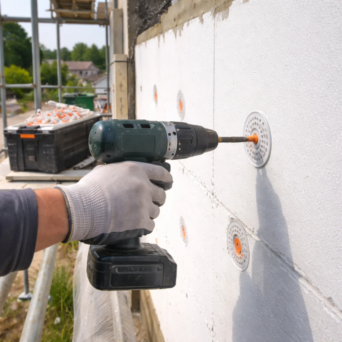 Kołkowanie styropianu na elewacji – montaż kołka talerzykowego w płycie EPS