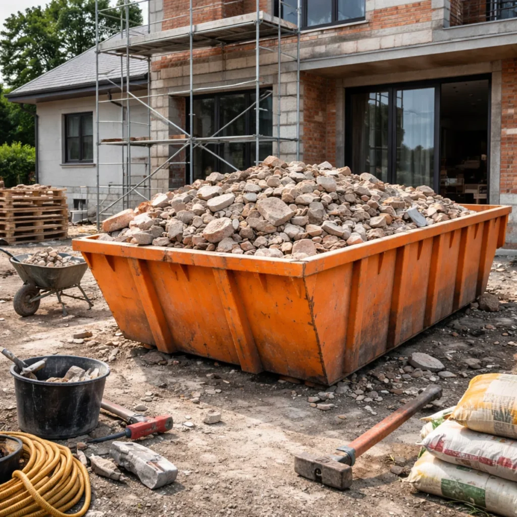 Kontener na odpady budowlane wypełniony gruzem na placu budowy przy domu jednorodzinnym