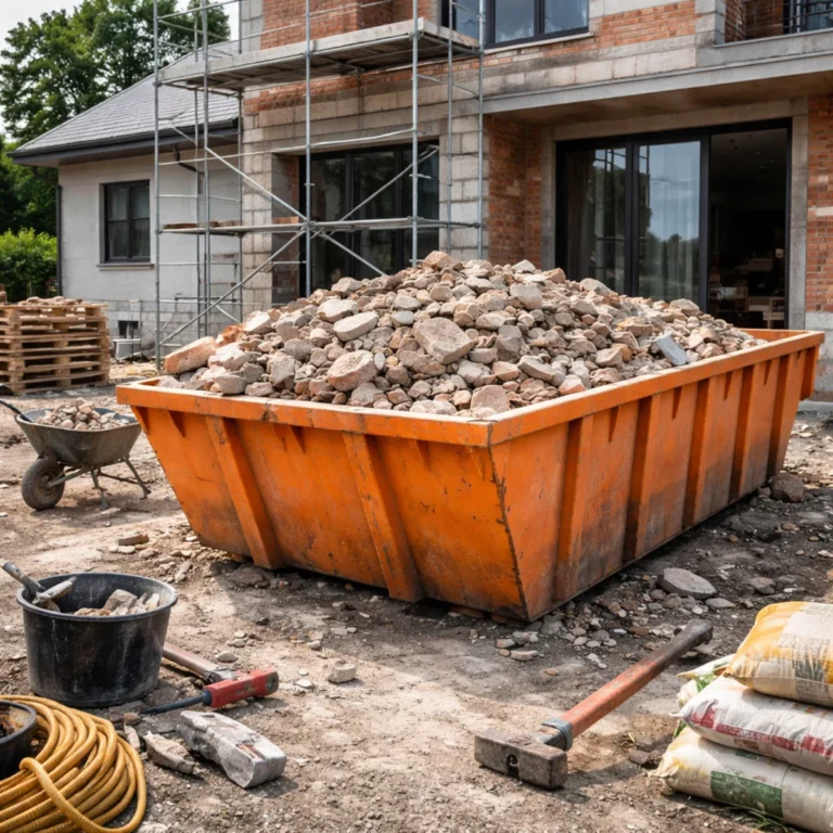 Kontener na odpady budowlane wypełniony gruzem na placu budowy przy domu jednorodzinnym