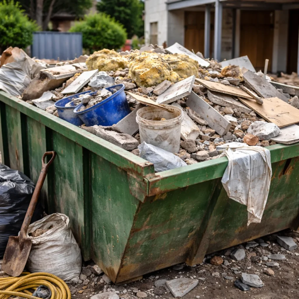 Zbliżenie na kontener na odpady budowlane z odpadami poremontowymi i gruzem zmieszanym