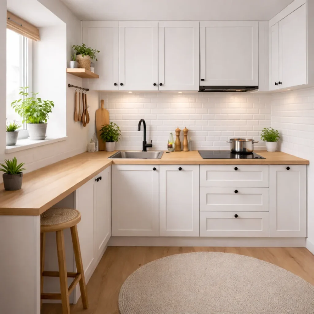 Biała kuchnia w stylu skandynawskim z drewnianym blatem, czarną baterią i płytkami metro, układ L przy oknie.