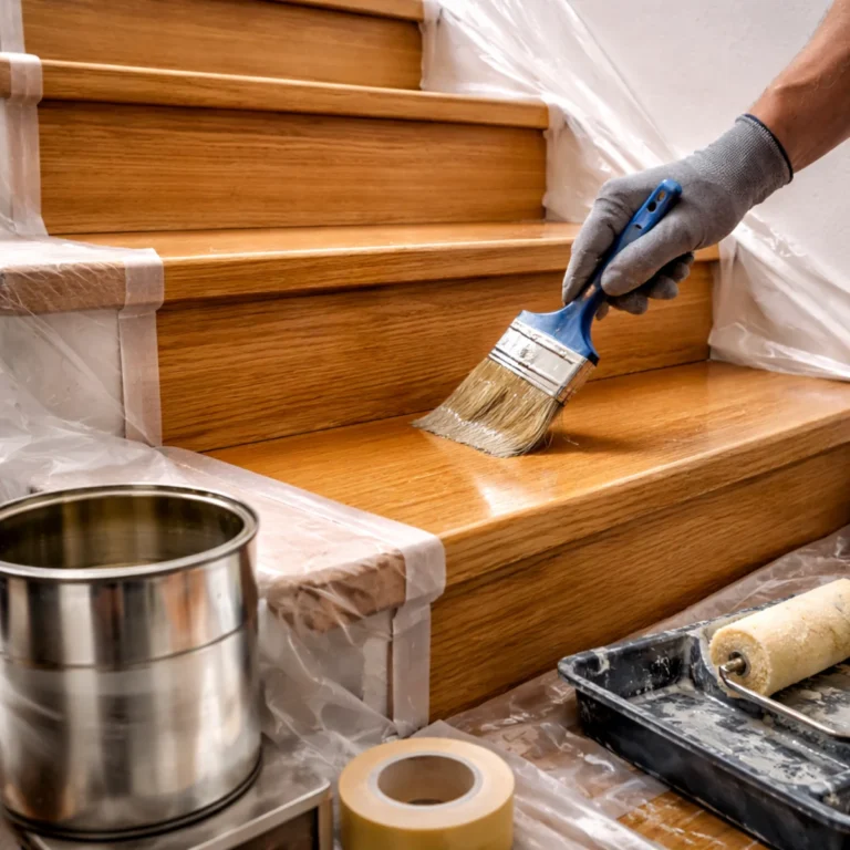 Lakier do schodów drewnianych nakładany pędzlem na dębowe stopnie podczas renowacji