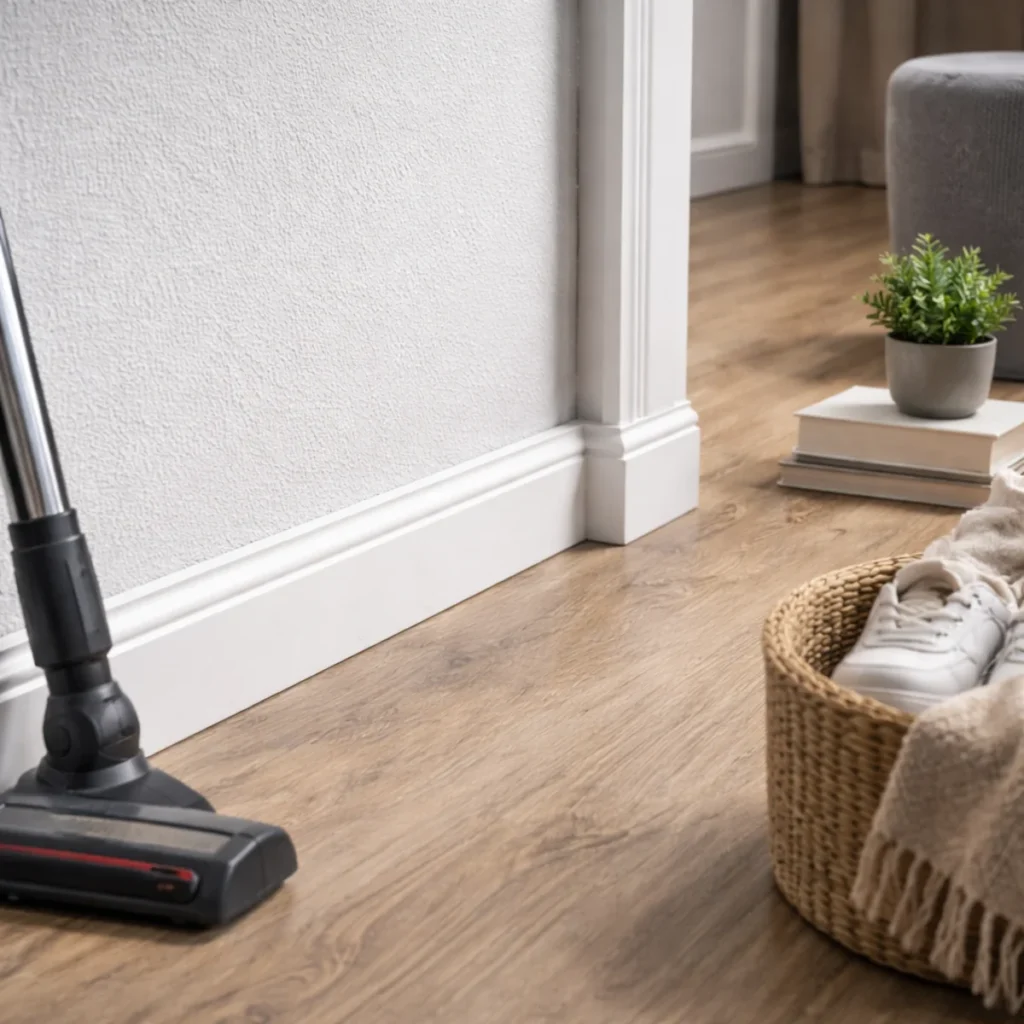 Gotowe listwy wykończeniowe do paneli w salonie – biała listwa przy szarej ścianie i dębowej podłodze