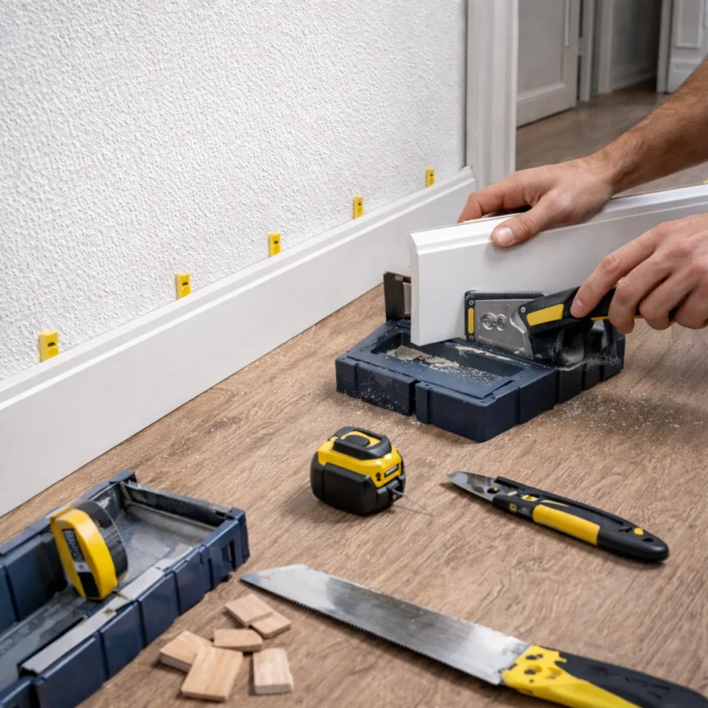 Montaż listew wykończeniowych do paneli – przycinanie białej listwy przy ścianie na podłodze laminowanej