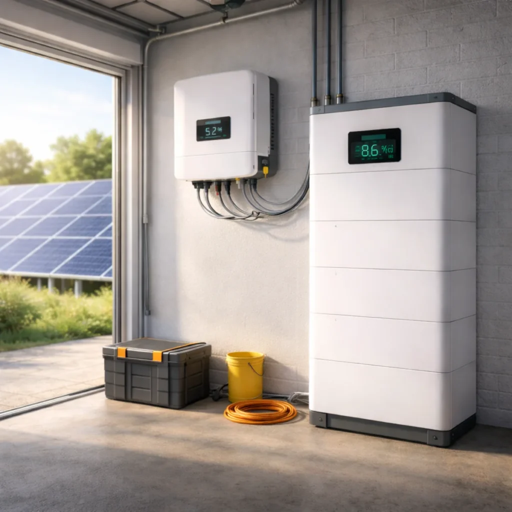 Magazyn energii do fotowoltaiki w garażu obok falownika hybrydowego