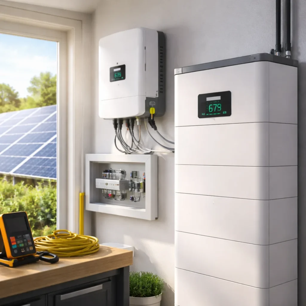 Magazyn energii do fotowoltaiki i falownik hybrydowy w pomieszczeniu technicznym