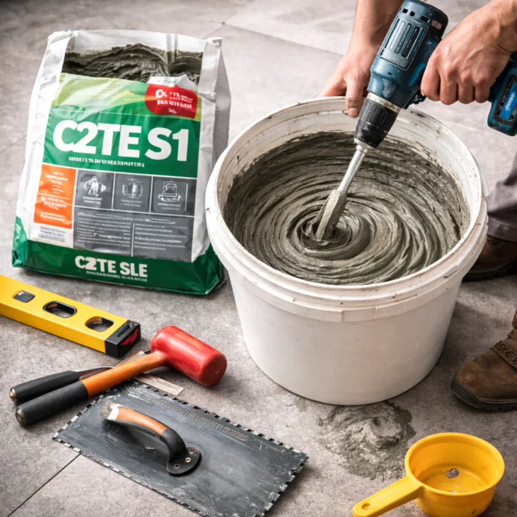 Mieszanie kleju do płytek C2TE S1 w wiadrze mieszadłem na wiertarce podczas remontu