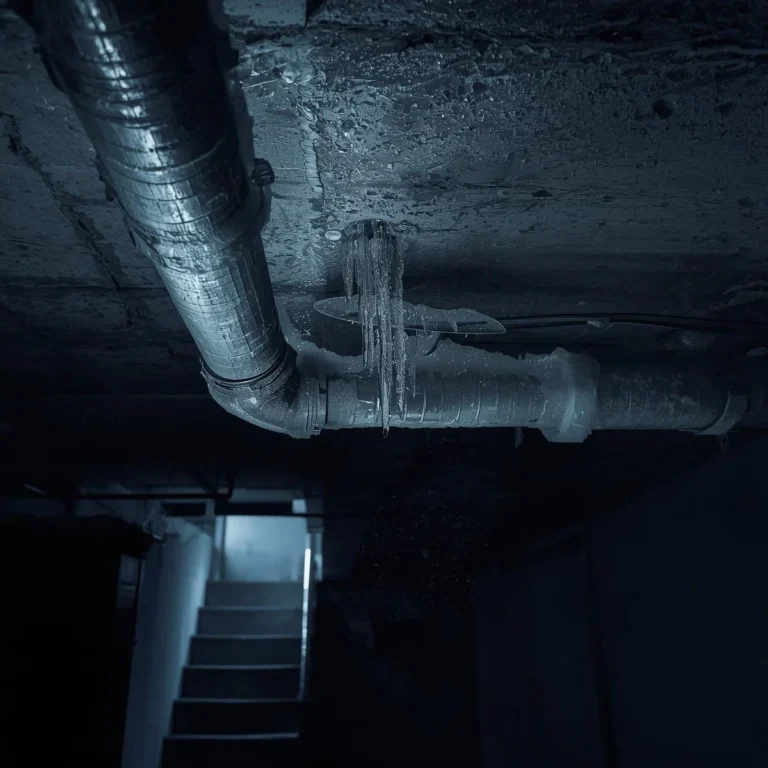 Szron i sople na metalowej rurze przy suficie piwnicy – zimno i mróz w domu jednorodzinnym