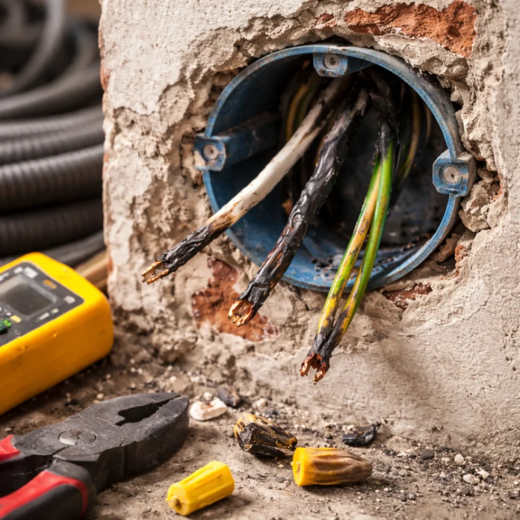 Puszka elektryczna po wyjętym gniazdku z nadpalonymi przewodami w ścianie podczas remontu mieszkania