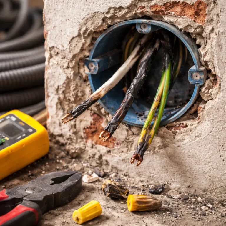 Puszka elektryczna po wyjętym gniazdku z nadpalonymi przewodami w ścianie podczas remontu mieszkania