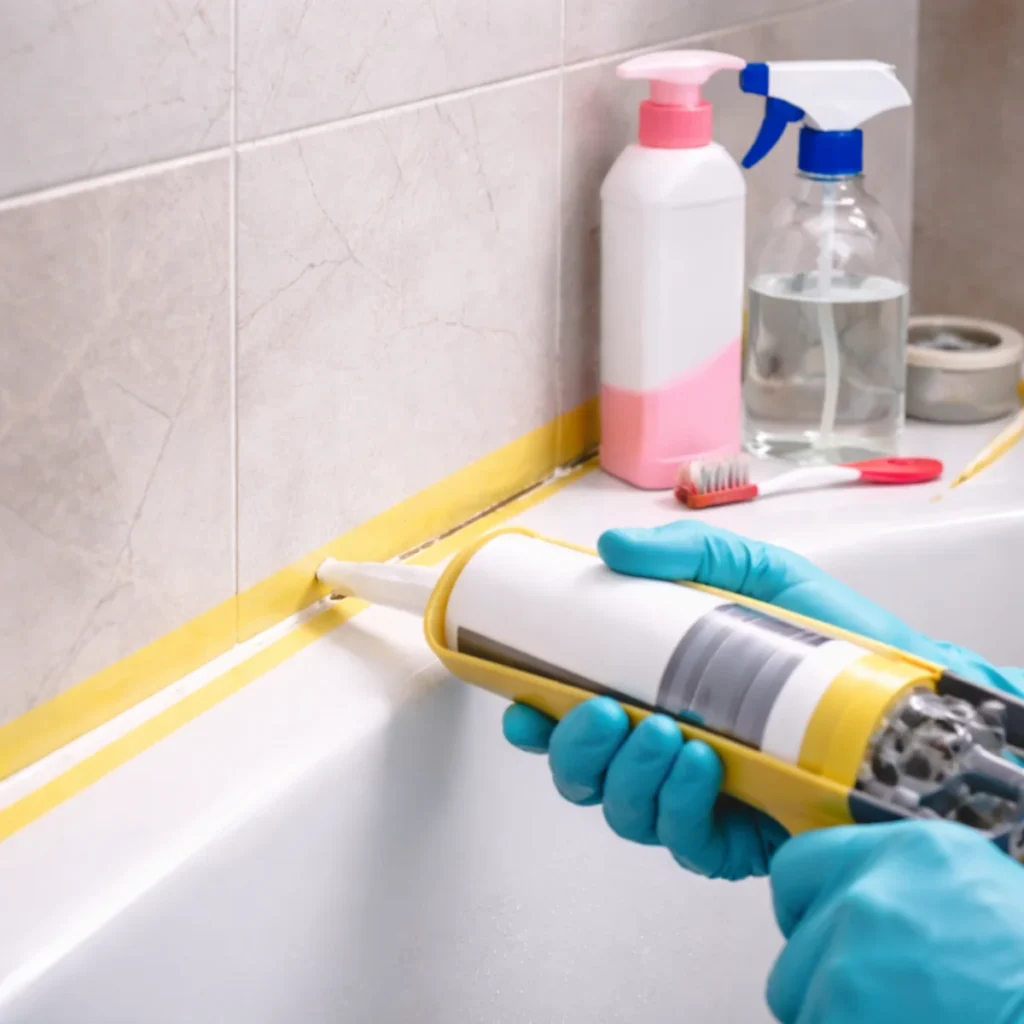 Nakładanie nowego silikonu sanitarnego przy wannie z użyciem taśmy malarskiej