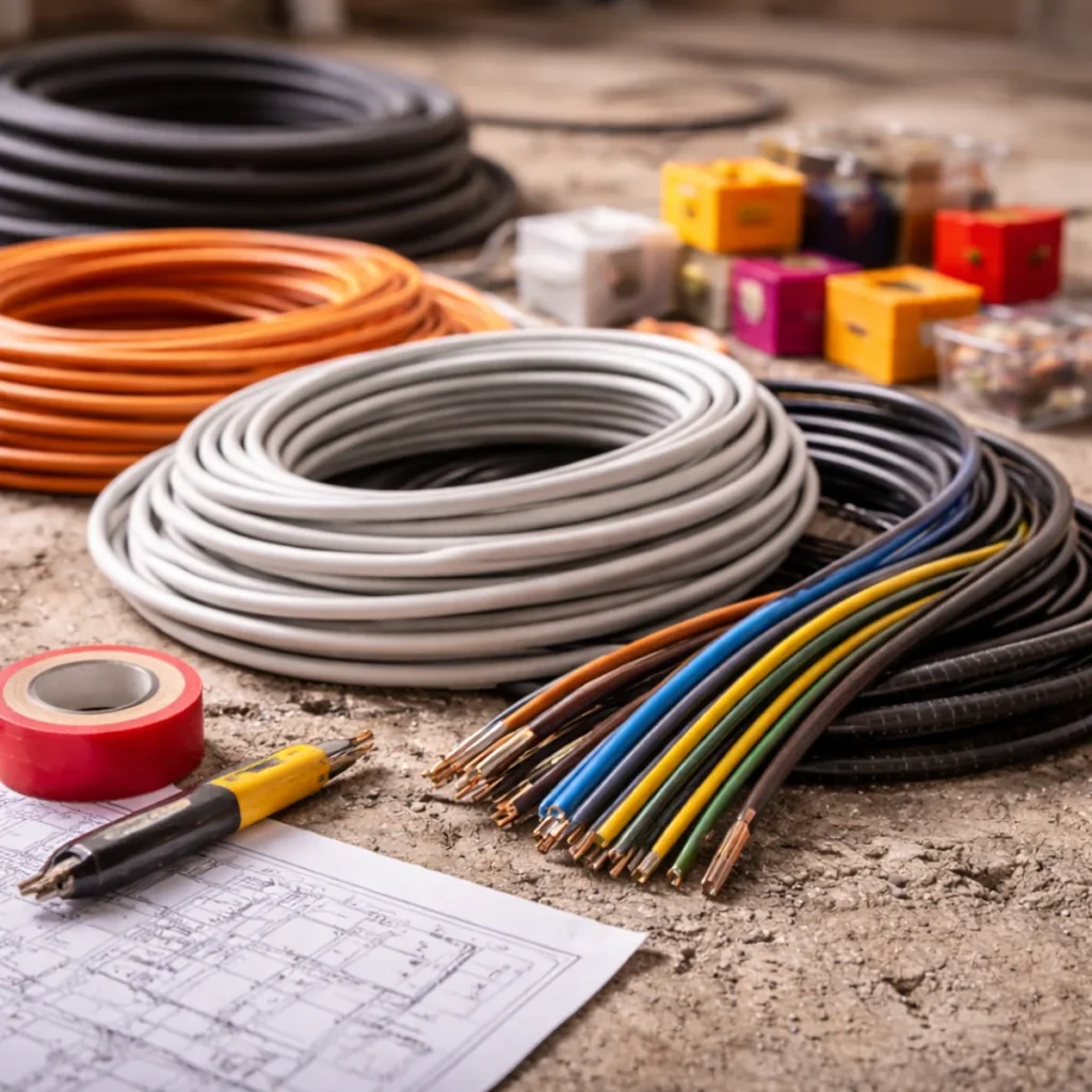 Nowe przewody elektryczne zwinięte w kręgi na podłodze przed montażem instalacji w mieszkaniu