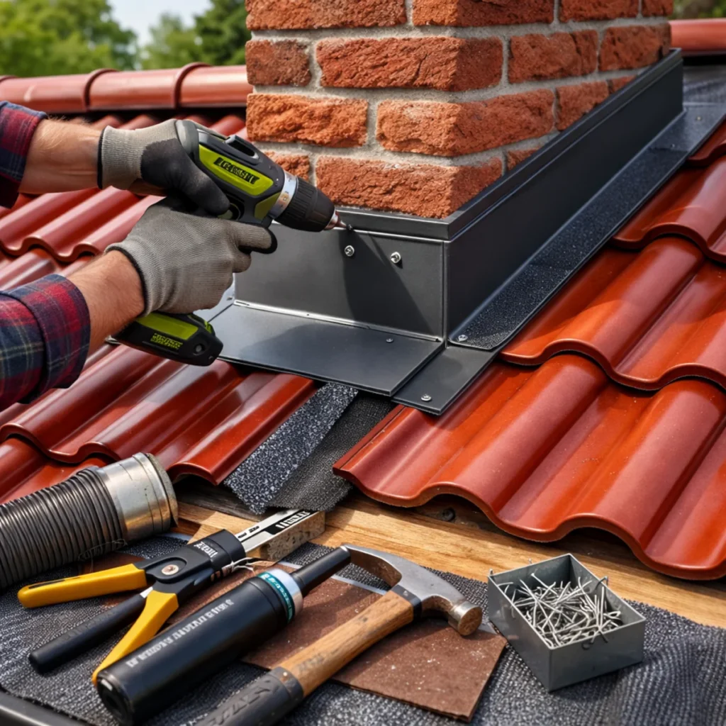 Montaż obróbki blacharskiej komina na dachu z dachówki ceramicznej